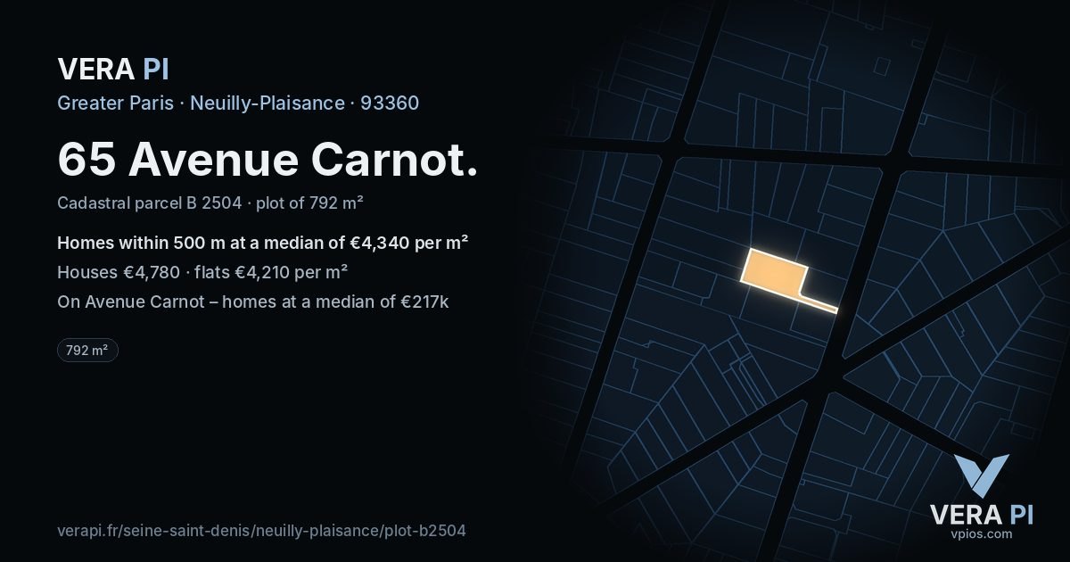 65 Avenue Carnot, Neuilly-Plaisance at night – the plot lit, the parcels around coloured by the prices near them