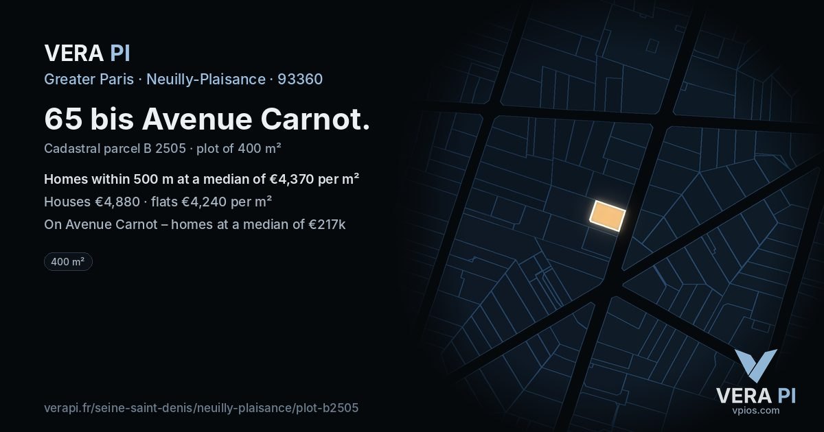 65 bis Avenue Carnot, Neuilly-Plaisance at night – the plot lit, the parcels around coloured by the prices near them