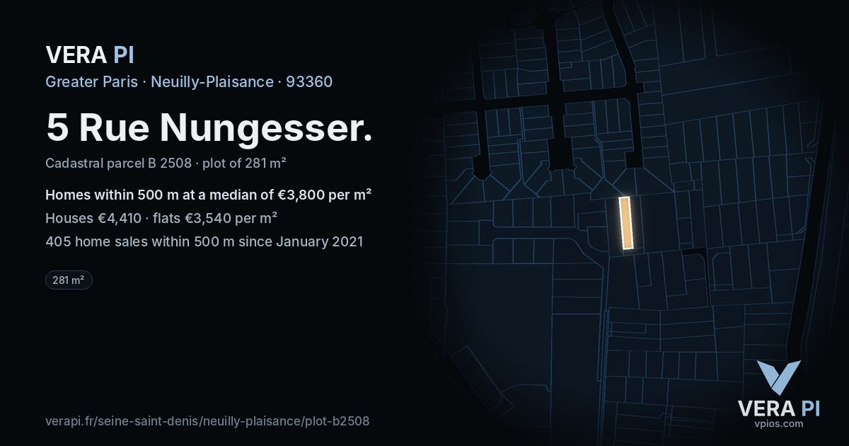 5 Rue Nungesser, Neuilly-Plaisance at night – the plot lit, the parcels around coloured by the prices near them