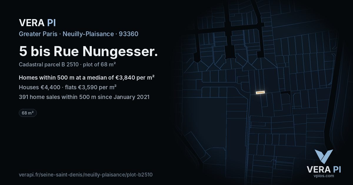 5 bis Rue Nungesser, Neuilly-Plaisance at night – the plot lit, the parcels around coloured by the prices near them