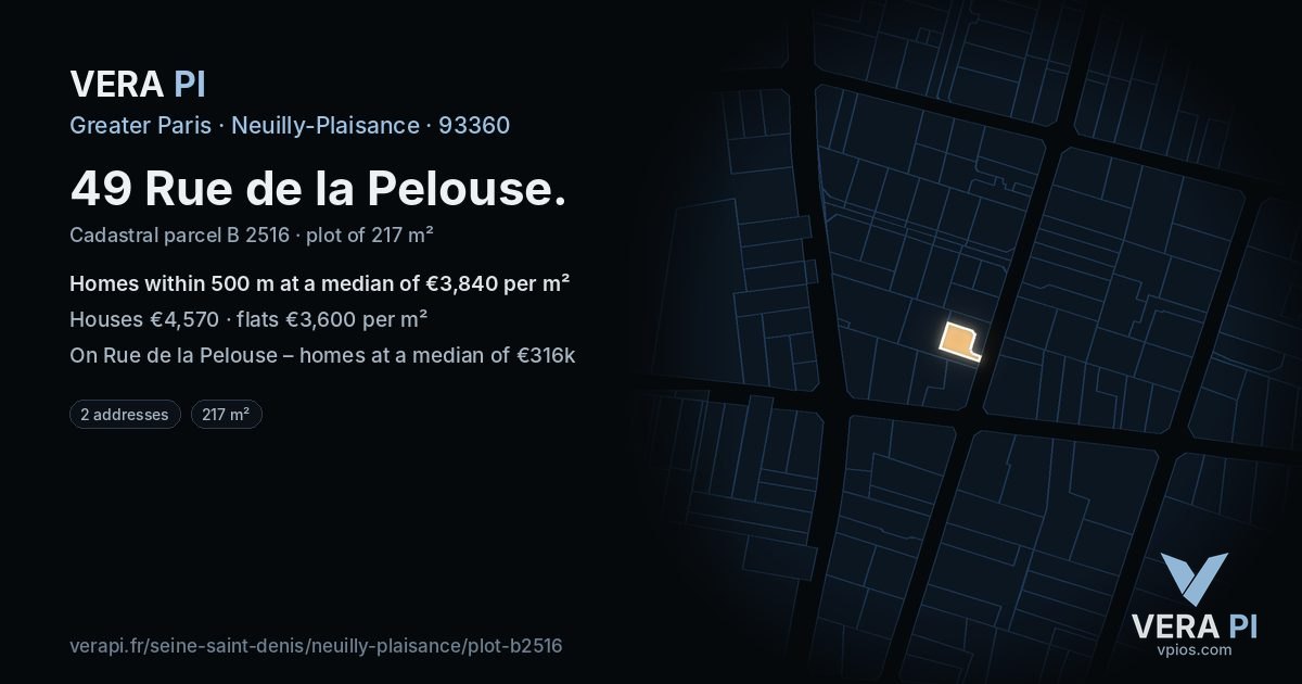 49 Rue de la Pelouse, Neuilly-Plaisance at night – the plot lit, the parcels around coloured by the prices near them