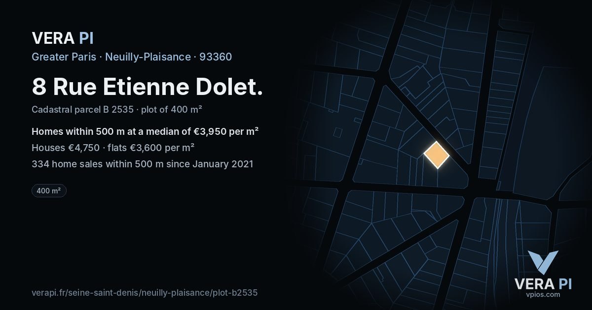 8 Rue Etienne Dolet, Neuilly-Plaisance at night – the plot lit, the parcels around coloured by the prices near them