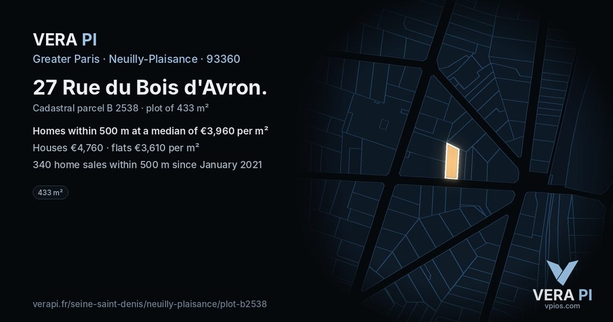 27 Rue du Bois d'Avron, Neuilly-Plaisance at night – the plot lit, the parcels around coloured by the prices near them