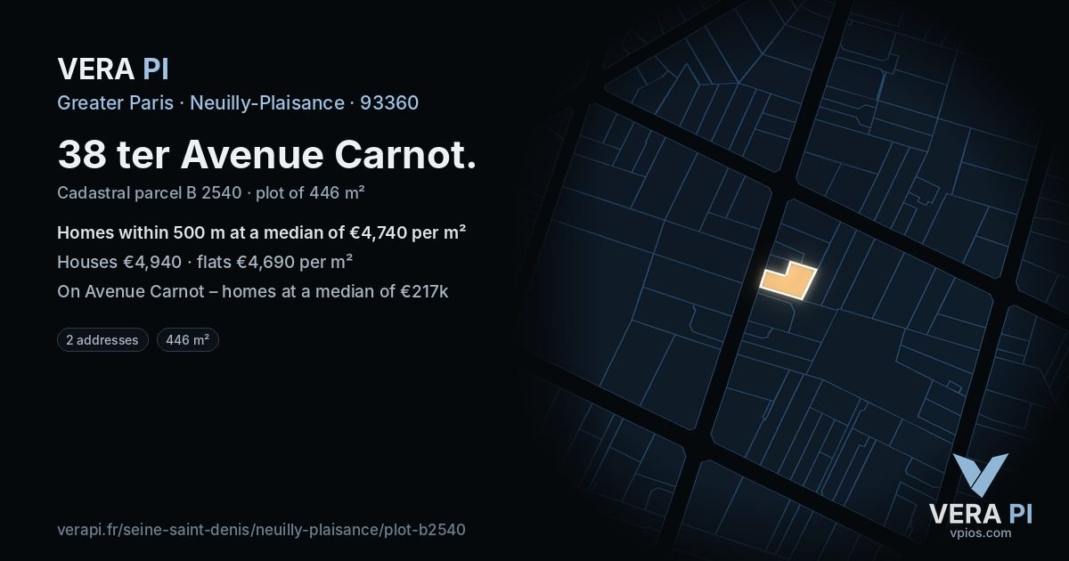 38 ter Avenue Carnot, Neuilly-Plaisance at night – the plot lit, the parcels around coloured by the prices near them