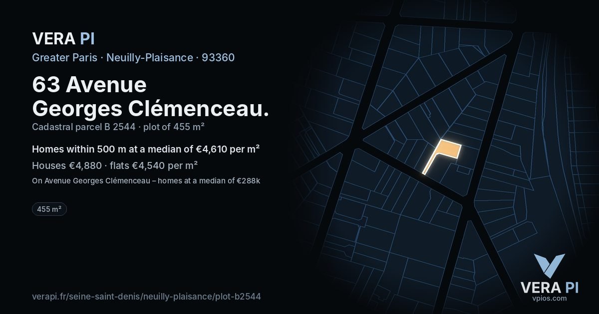 63 Avenue Georges Clémenceau, Neuilly-Plaisance at night – the plot lit, the parcels around coloured by the prices near them