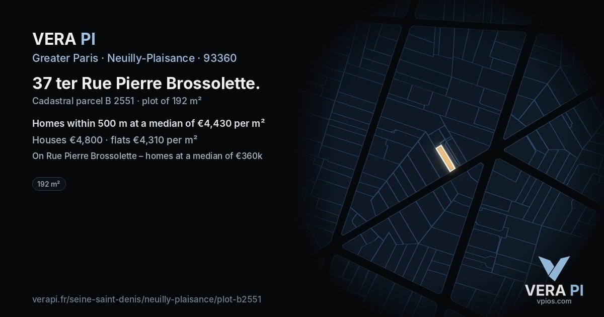 37 ter Rue Pierre Brossolette, Neuilly-Plaisance at night – the plot lit, the parcels around coloured by the prices near them