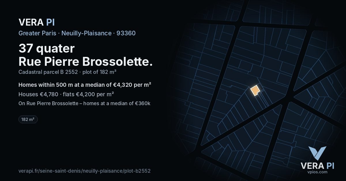 37 quater Rue Pierre Brossolette, Neuilly-Plaisance at night – the plot lit, the parcels around coloured by the prices near them
