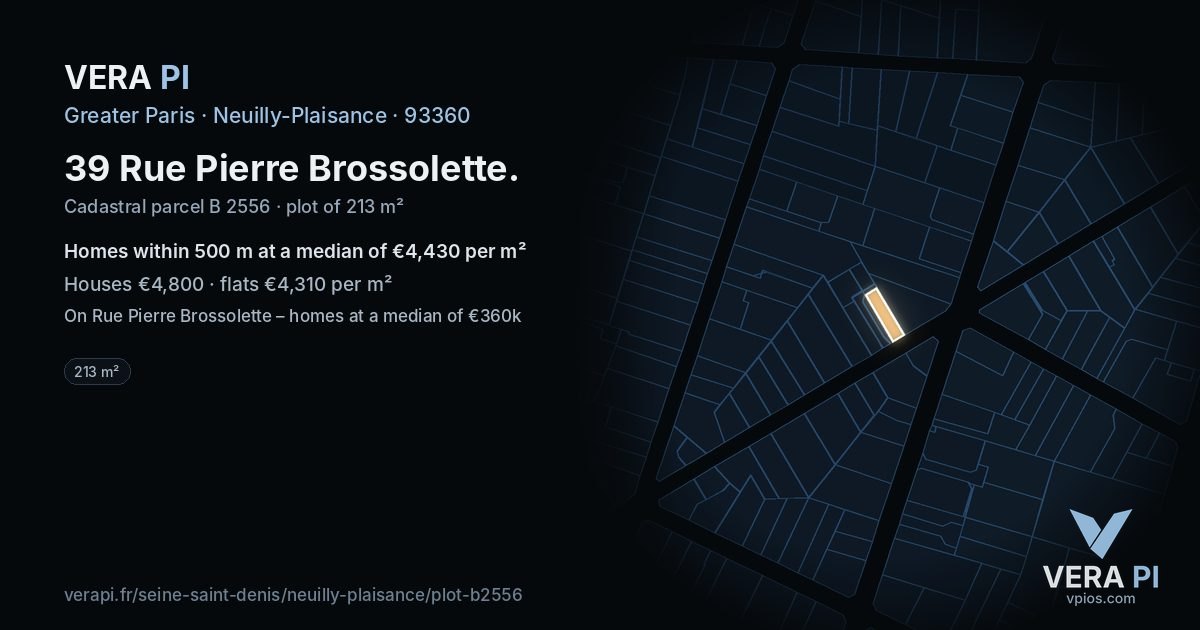 39 Rue Pierre Brossolette, Neuilly-Plaisance at night – the plot lit, the parcels around coloured by the prices near them