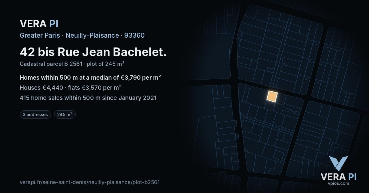 42 bis Rue Jean Bachelet, Neuilly-Plaisance at night – the plot lit, the parcels around coloured by the prices near them