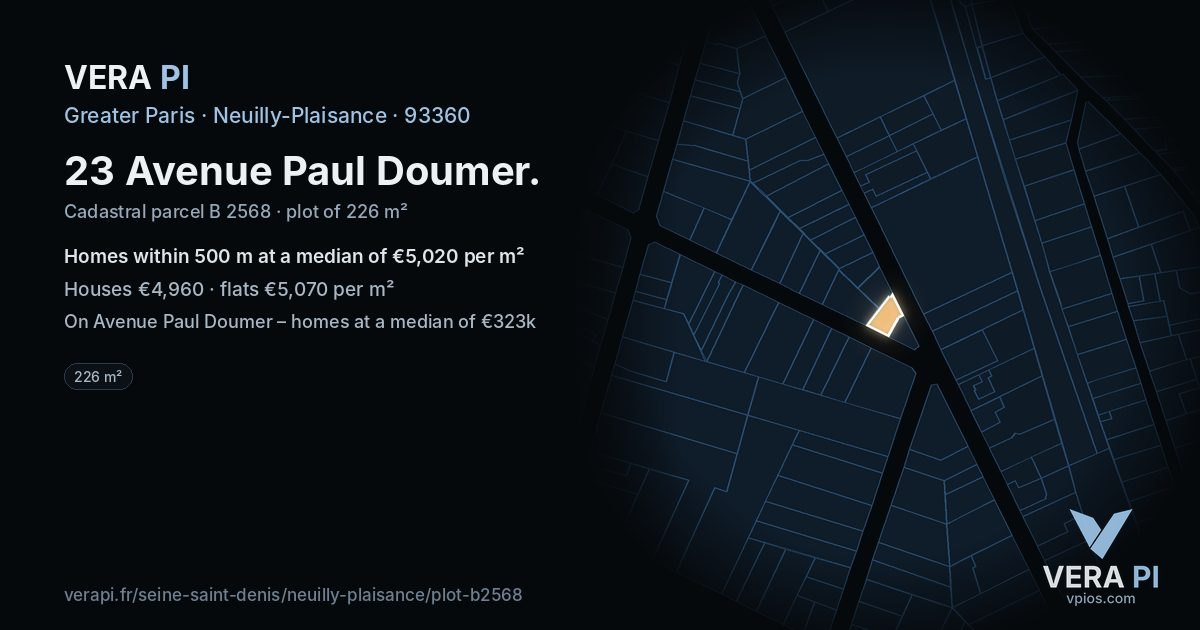 23 Avenue Paul Doumer, Neuilly-Plaisance at night – the plot lit, the parcels around coloured by the prices near them