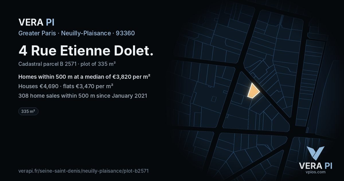 4 Rue Etienne Dolet, Neuilly-Plaisance at night – the plot lit, the parcels around coloured by the prices near them