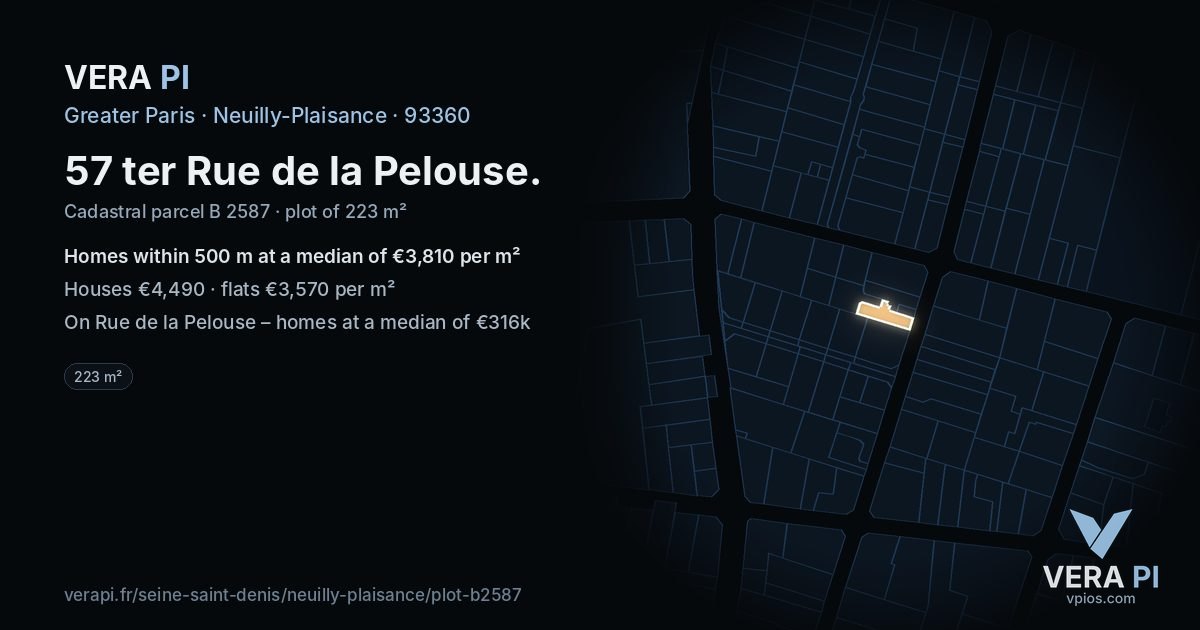 57 ter Rue de la Pelouse, Neuilly-Plaisance at night – the plot lit, the parcels around coloured by the prices near them