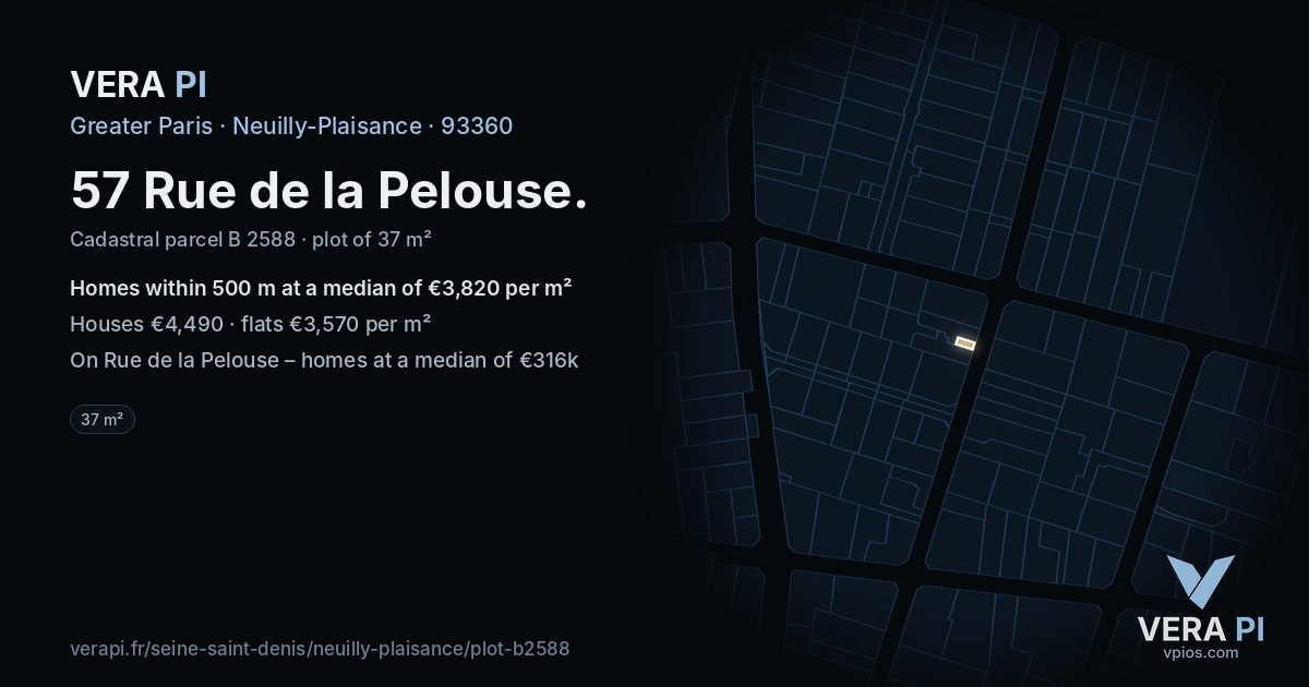 57 Rue de la Pelouse, Neuilly-Plaisance at night – the plot lit, the parcels around coloured by the prices near them