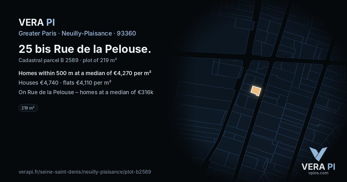 25 bis Rue de la Pelouse, Neuilly-Plaisance at night – the plot lit, the parcels around coloured by the prices near them
