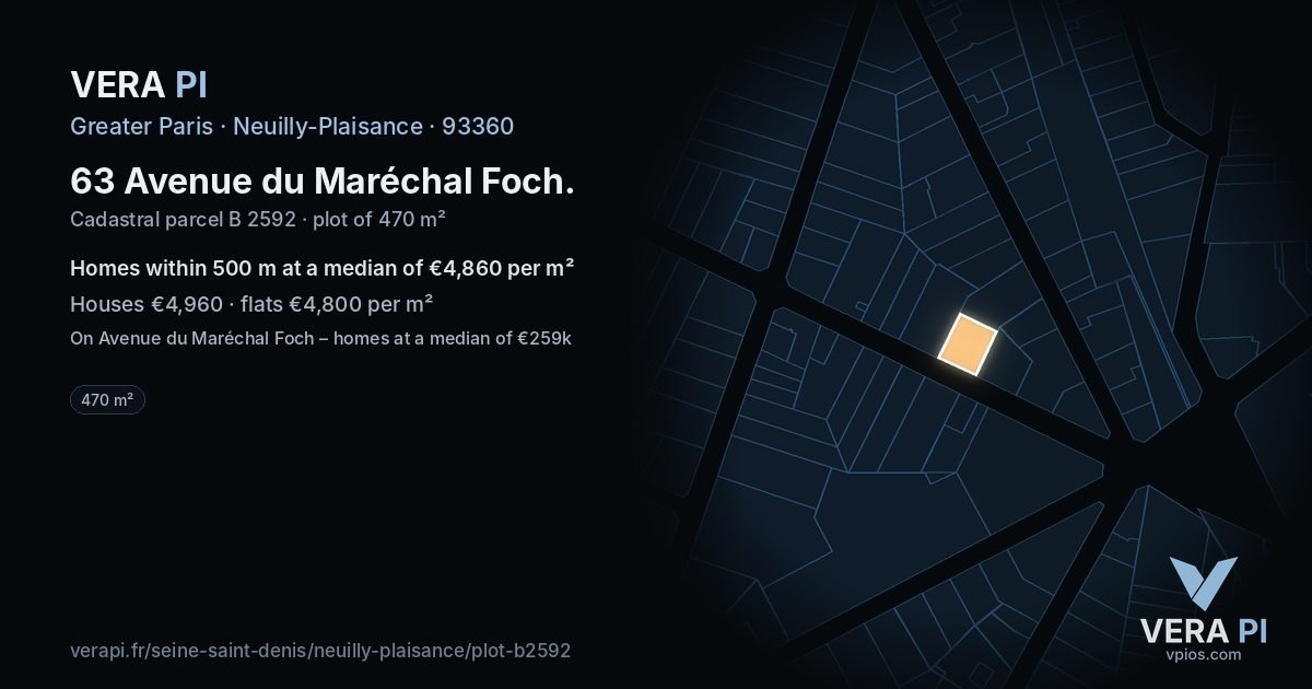 63 Avenue du Maréchal Foch, Neuilly-Plaisance at night – the plot lit, the parcels around coloured by the prices near them