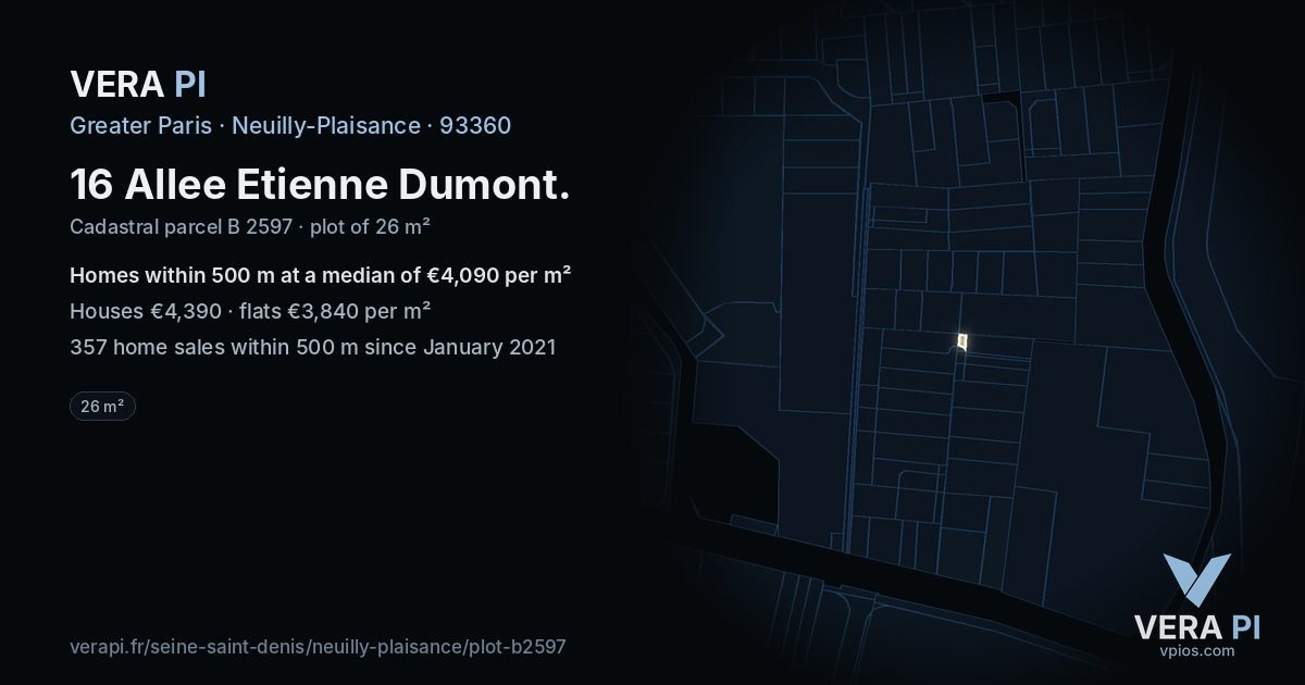 16 Allee Etienne Dumont, Neuilly-Plaisance at night – the plot lit, the parcels around coloured by the prices near them