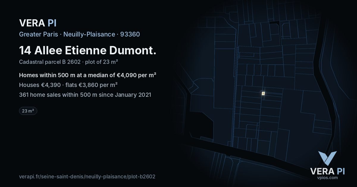 14 Allee Etienne Dumont, Neuilly-Plaisance at night – the plot lit, the parcels around coloured by the prices near them