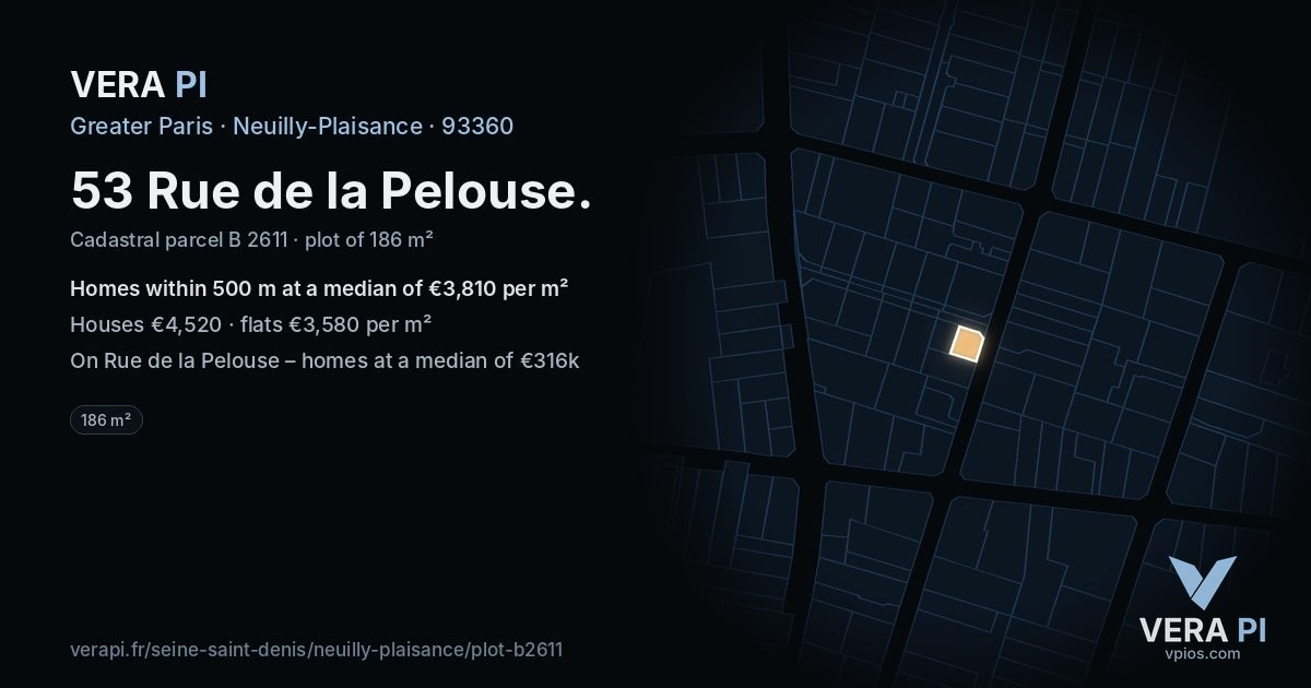 53 Rue de la Pelouse, Neuilly-Plaisance at night – the plot lit, the parcels around coloured by the prices near them