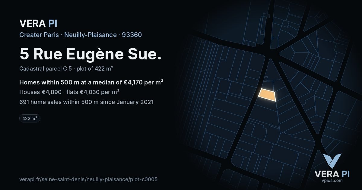 5 Rue Eugène Sue, Neuilly-Plaisance at night – the plot lit, the parcels around coloured by the prices near them