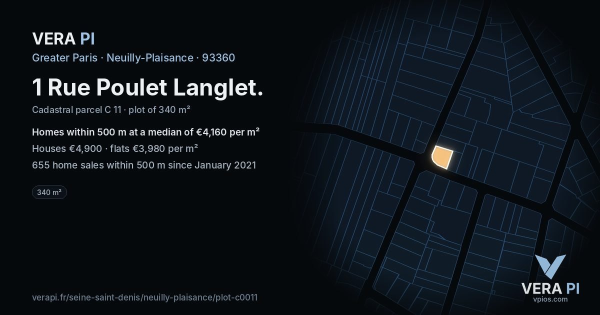 1 Rue Poulet Langlet, Neuilly-Plaisance at night – the plot lit, the parcels around coloured by the prices near them