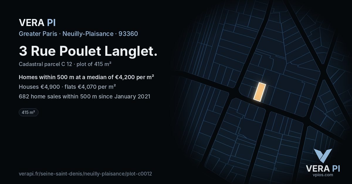3 Rue Poulet Langlet, Neuilly-Plaisance at night – the plot lit, the parcels around coloured by the prices near them