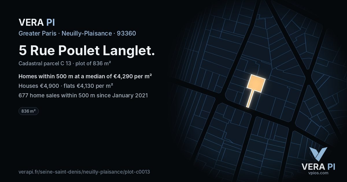 5 Rue Poulet Langlet, Neuilly-Plaisance at night – the plot lit, the parcels around coloured by the prices near them