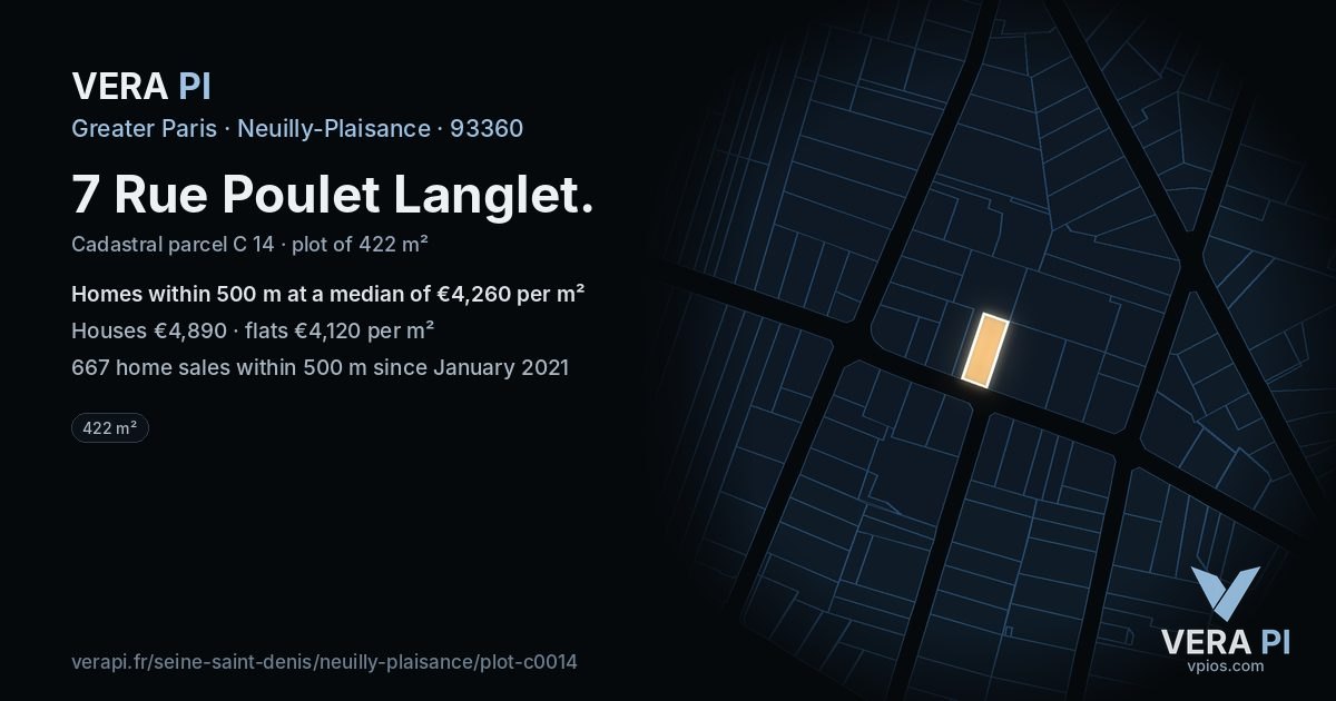 7 Rue Poulet Langlet, Neuilly-Plaisance at night – the plot lit, the parcels around coloured by the prices near them