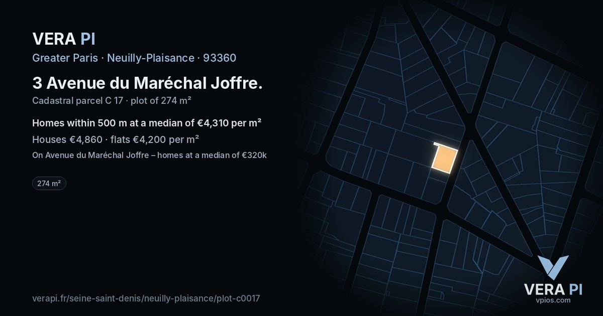 3 Avenue du Maréchal Joffre, Neuilly-Plaisance at night – the plot lit, the parcels around coloured by the prices near them
