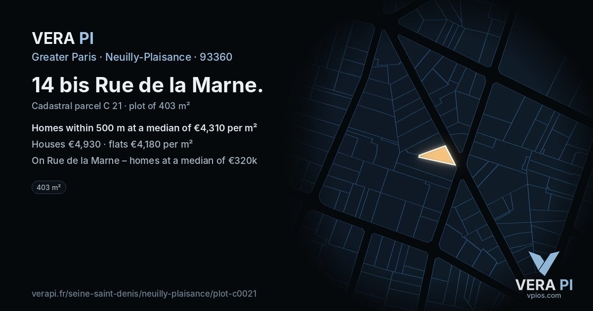 14 bis Rue de la Marne, Neuilly-Plaisance at night – the plot lit, the parcels around coloured by the prices near them
