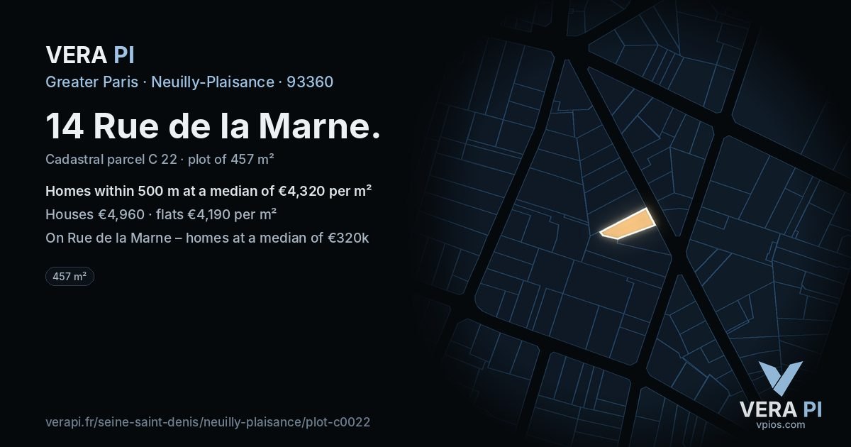 14 Rue de la Marne, Neuilly-Plaisance at night – the plot lit, the parcels around coloured by the prices near them