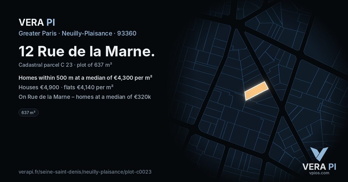 12 Rue de la Marne, Neuilly-Plaisance at night – the plot lit, the parcels around coloured by the prices near them