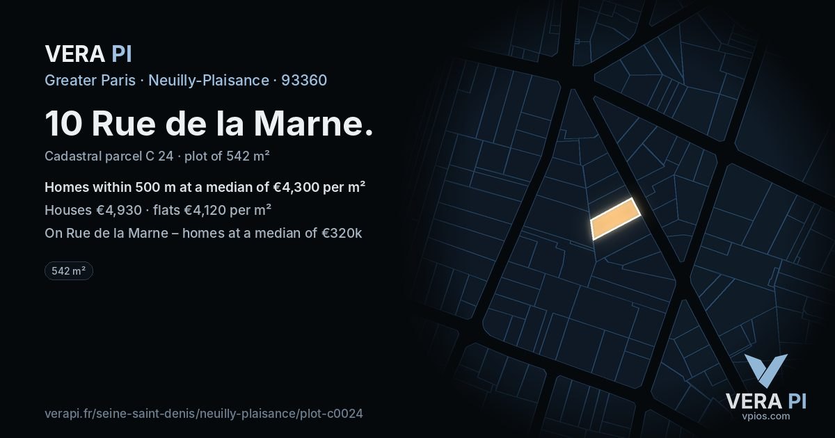 10 Rue de la Marne, Neuilly-Plaisance at night – the plot lit, the parcels around coloured by the prices near them