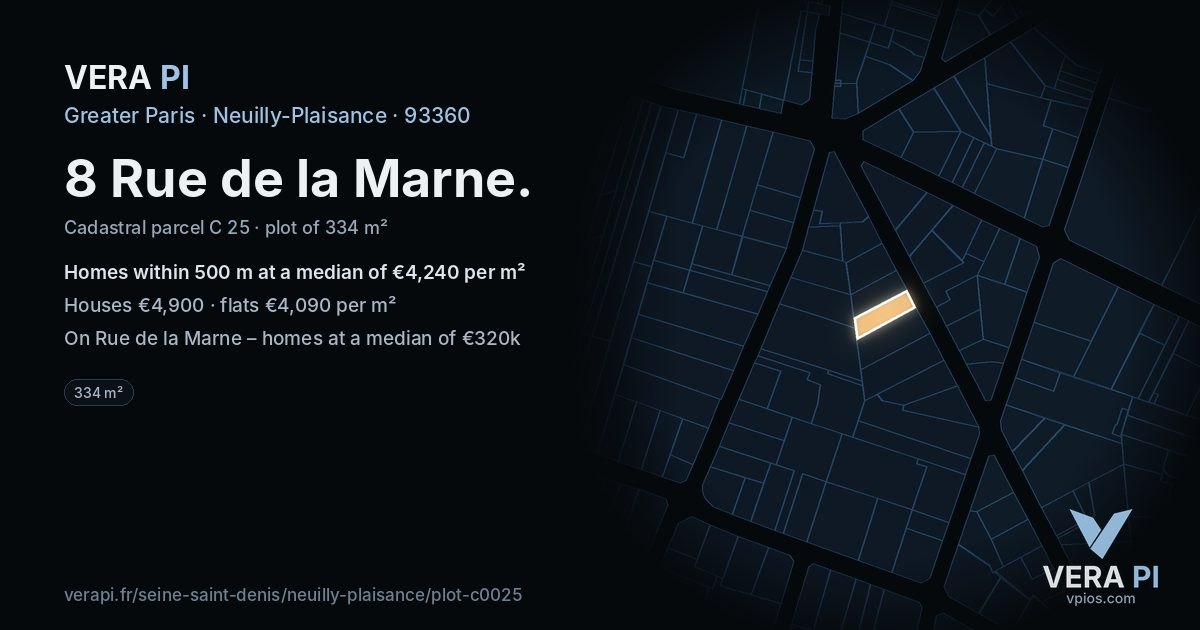 8 Rue de la Marne, Neuilly-Plaisance at night – the plot lit, the parcels around coloured by the prices near them