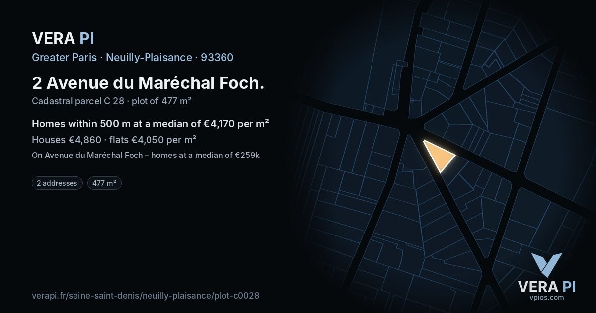 2 Avenue du Maréchal Foch, Neuilly-Plaisance at night – the plot lit, the parcels around coloured by the prices near them