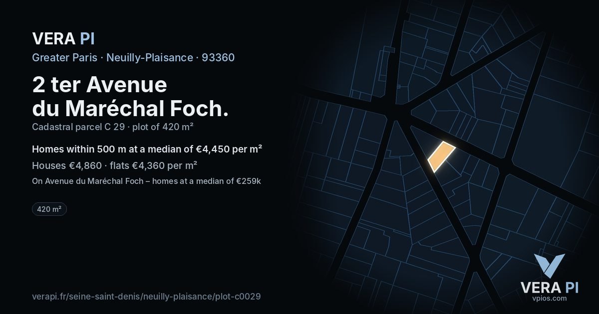 2 ter Avenue du Maréchal Foch, Neuilly-Plaisance at night – the plot lit, the parcels around coloured by the prices near them