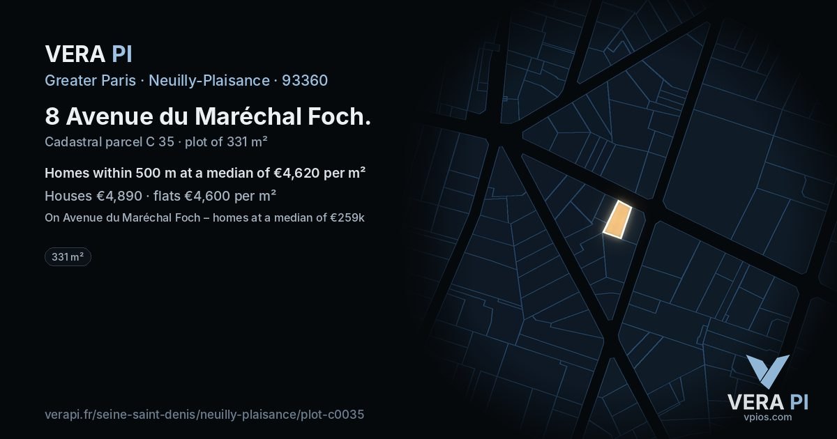 8 Avenue du Maréchal Foch, Neuilly-Plaisance at night – the plot lit, the parcels around coloured by the prices near them