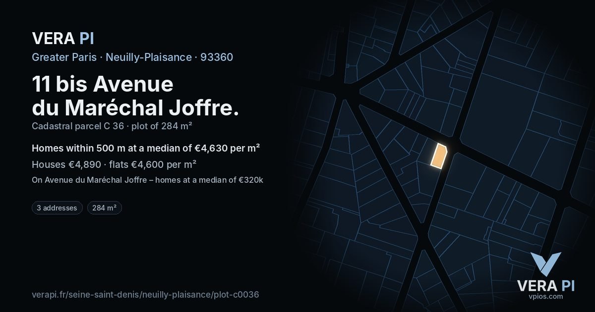11 bis Avenue du Maréchal Joffre, Neuilly-Plaisance at night – the plot lit, the parcels around coloured by the prices near them