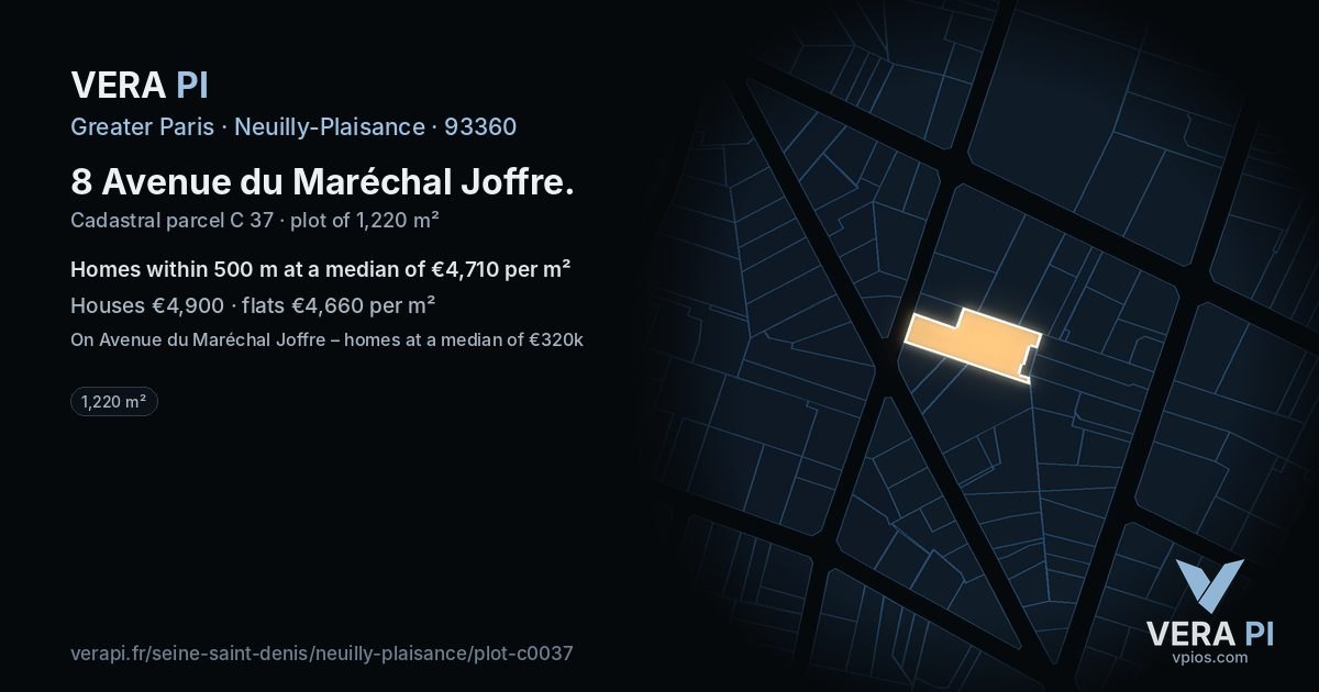 8 Avenue du Maréchal Joffre, Neuilly-Plaisance at night – the plot lit, the parcels around coloured by the prices near them