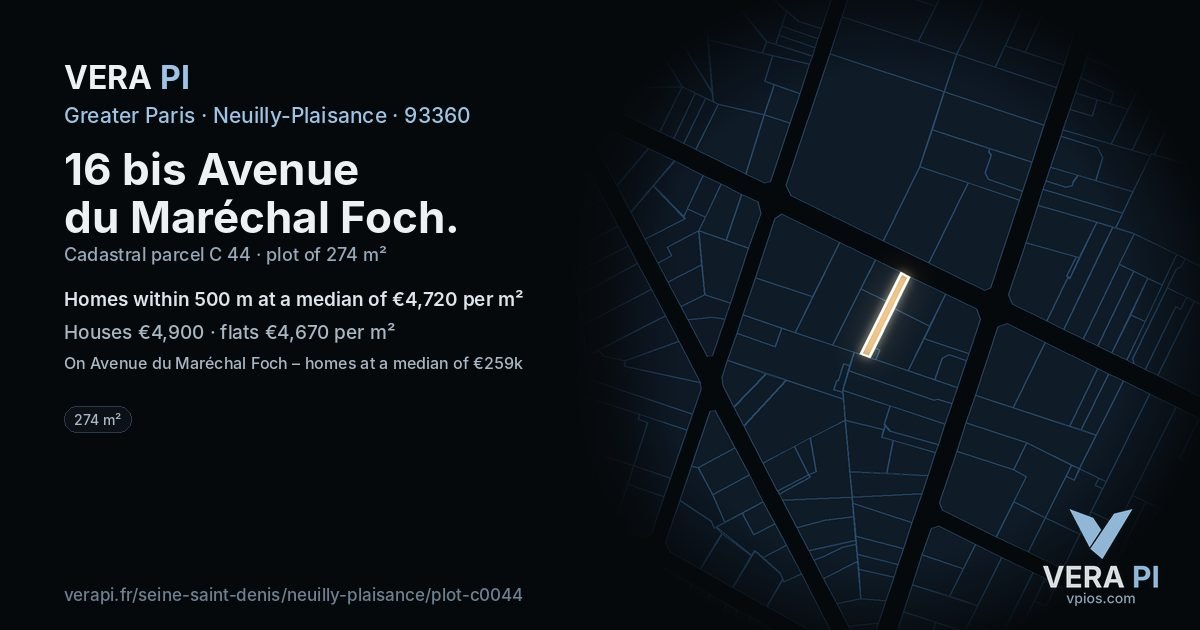 16 bis Avenue du Maréchal Foch, Neuilly-Plaisance at night – the plot lit, the parcels around coloured by the prices near them