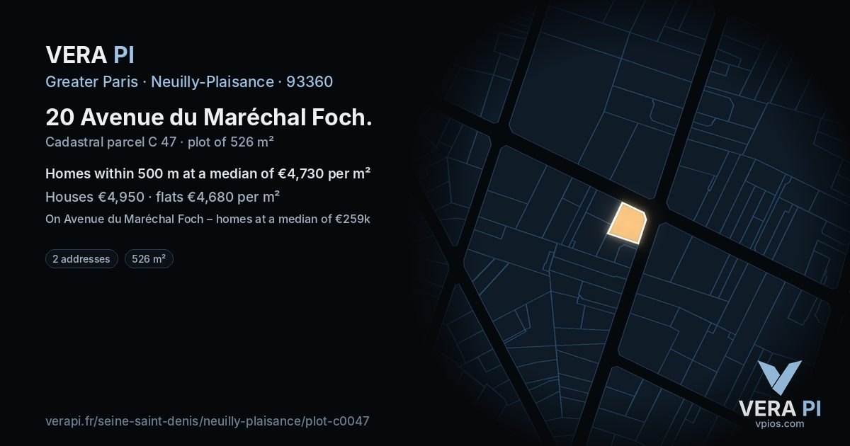 20 Avenue du Maréchal Foch, Neuilly-Plaisance at night – the plot lit, the parcels around coloured by the prices near them