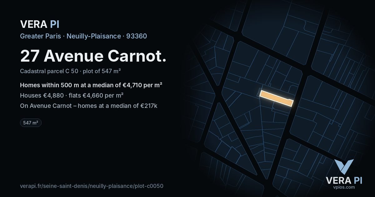 27 Avenue Carnot, Neuilly-Plaisance at night – the plot lit, the parcels around coloured by the prices near them