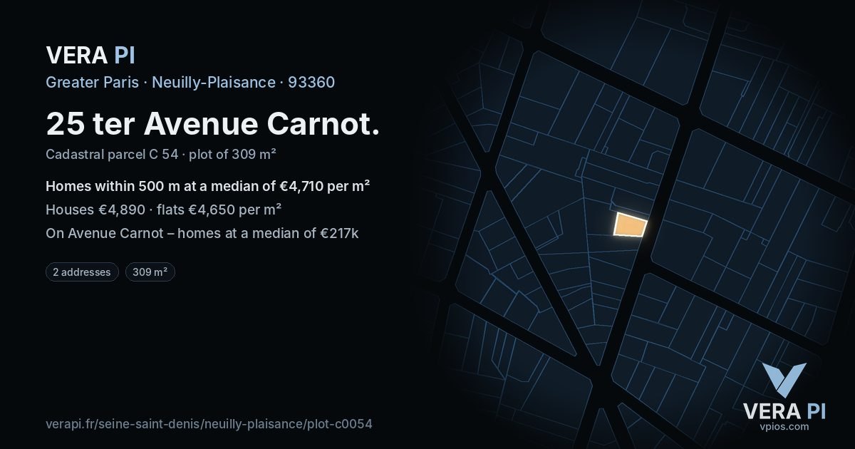 25 ter Avenue Carnot, Neuilly-Plaisance at night – the plot lit, the parcels around coloured by the prices near them