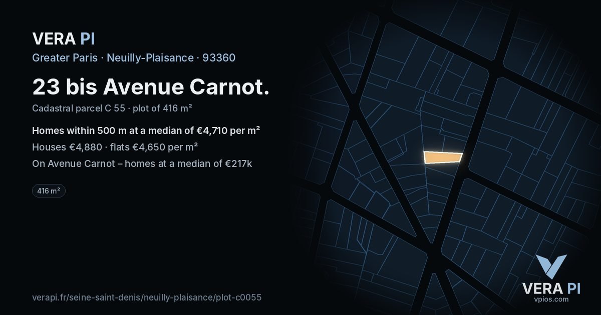 23 bis Avenue Carnot, Neuilly-Plaisance at night – the plot lit, the parcels around coloured by the prices near them