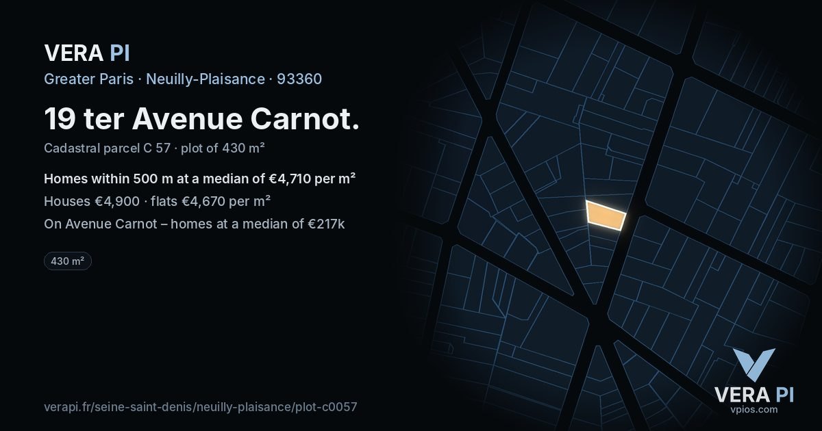 19 ter Avenue Carnot, Neuilly-Plaisance at night – the plot lit, the parcels around coloured by the prices near them