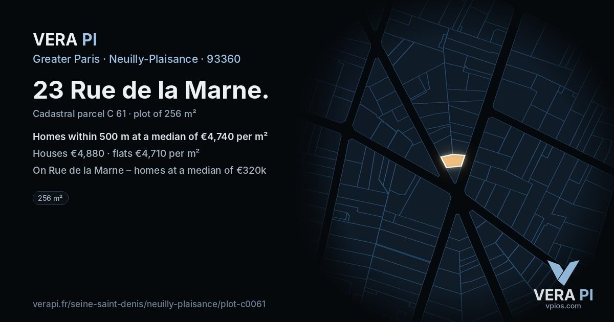 23 Rue de la Marne, Neuilly-Plaisance at night – the plot lit, the parcels around coloured by the prices near them