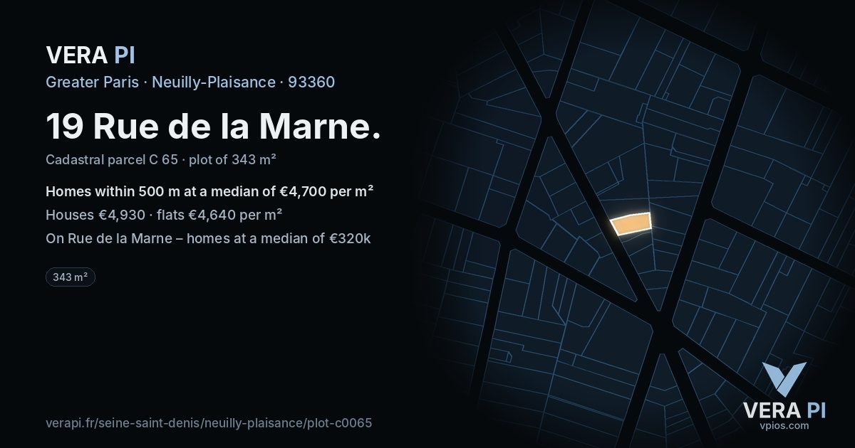 19 Rue de la Marne, Neuilly-Plaisance at night – the plot lit, the parcels around coloured by the prices near them
