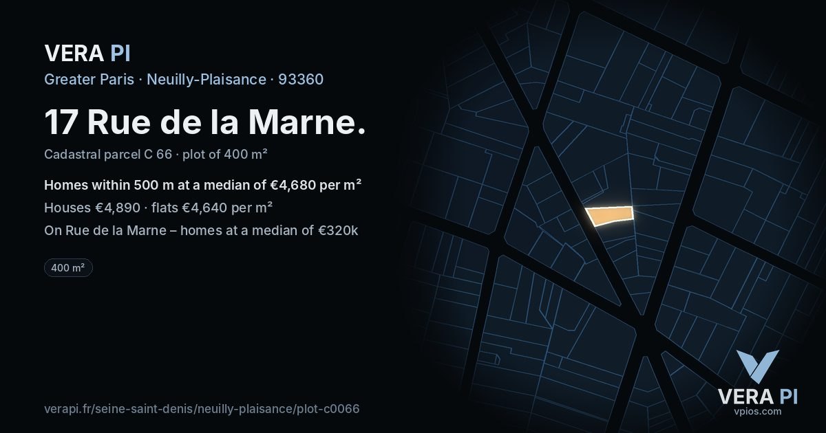 17 Rue de la Marne, Neuilly-Plaisance at night – the plot lit, the parcels around coloured by the prices near them