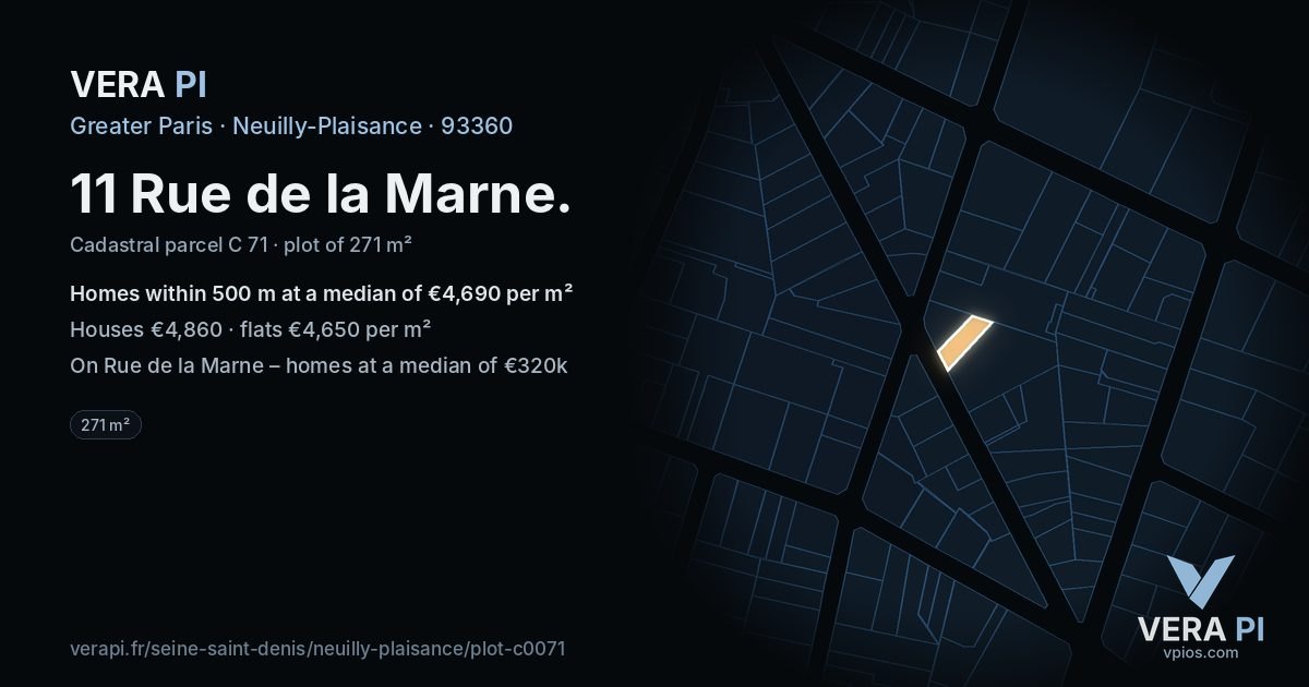 11 Rue de la Marne, Neuilly-Plaisance at night – the plot lit, the parcels around coloured by the prices near them