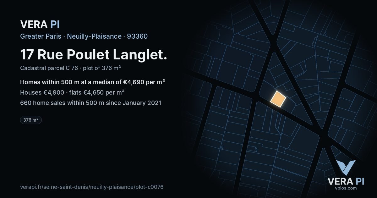 17 Rue Poulet Langlet, Neuilly-Plaisance at night – the plot lit, the parcels around coloured by the prices near them