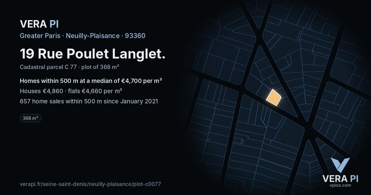 19 Rue Poulet Langlet, Neuilly-Plaisance at night – the plot lit, the parcels around coloured by the prices near them
